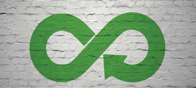 Símbolo de la economía circular. Infinito de color verde con una flecha sobre un fondo blanco.