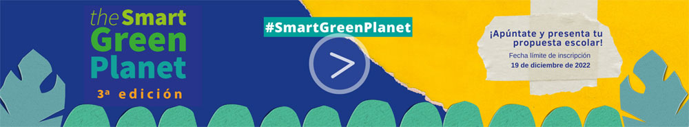 banner con colores azul y amarillo con texto: Teh Samrt Green Planet, 3ª edición